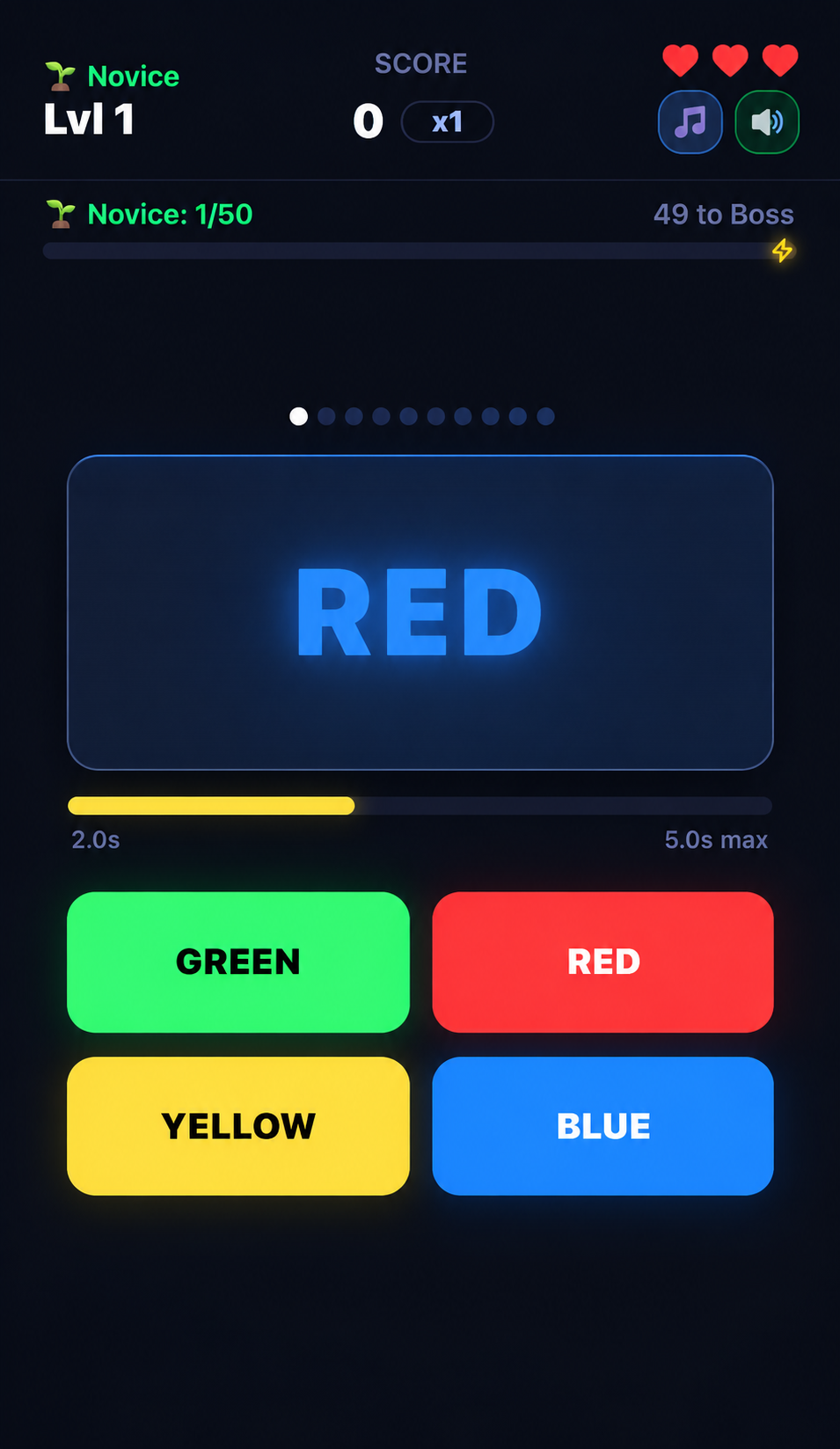 Gameplay showing the word RED printed in blue above four colour answer tiles
