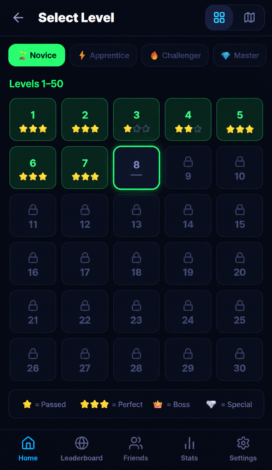 Level select grid showing Novice zone levels 1 to 50 with star ratings
