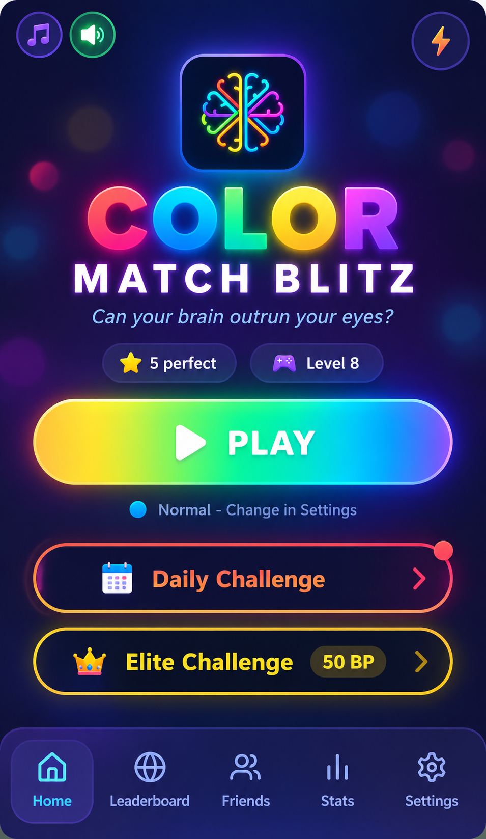 Color Blitz main menu with Play, Daily Challenge and Elite Challenge