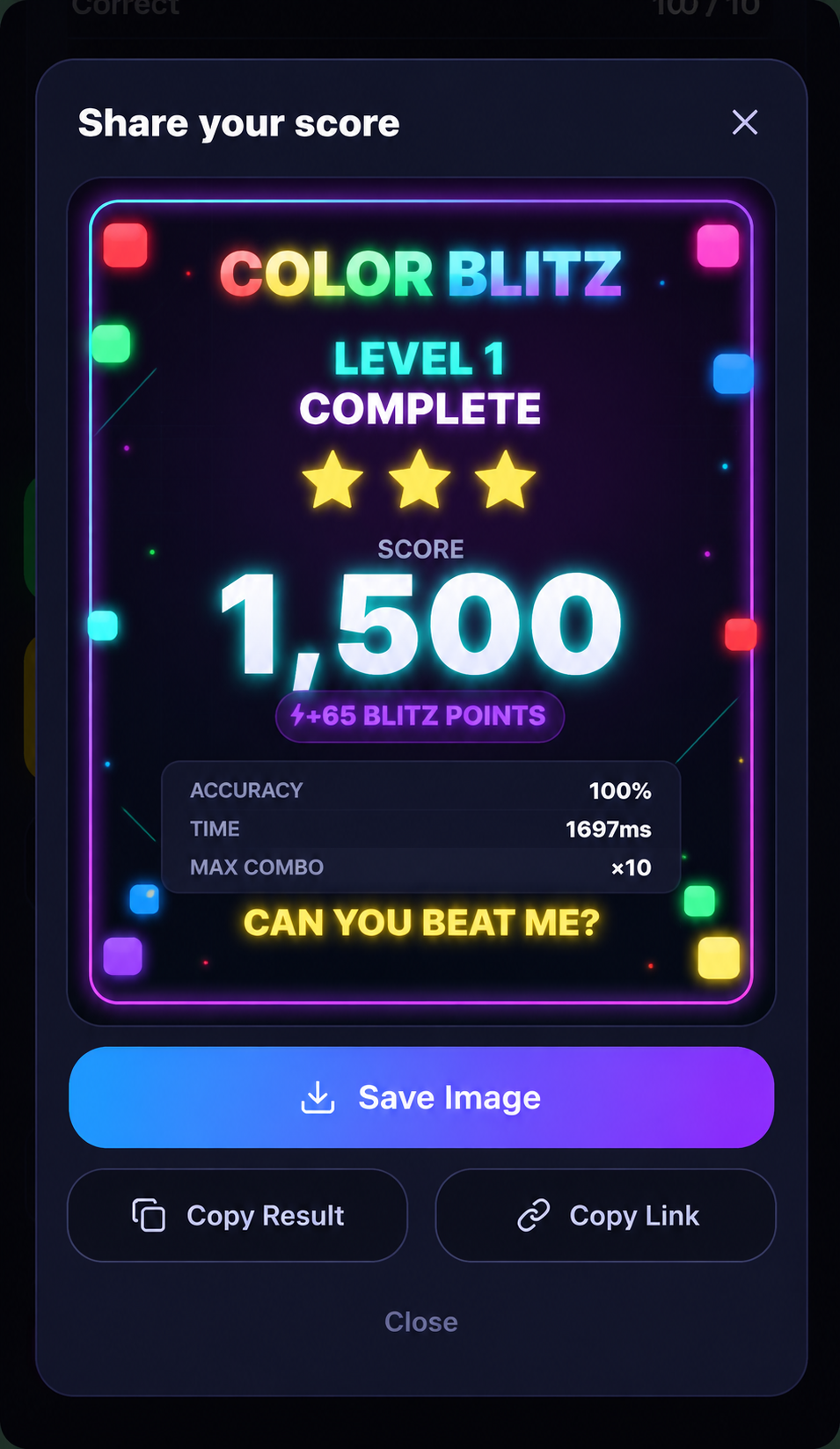 Share your score card showing level, score, accuracy, time and max combo